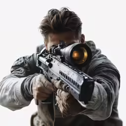 a man in grey shirt holding a black and white rifle
