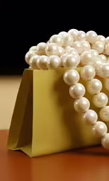 a close up of a bag with pearls attached