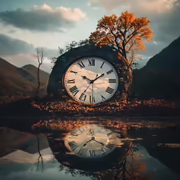 a clock in the middle of a lake that is reflecting a tree