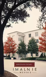 a building surrounded by trees on a street