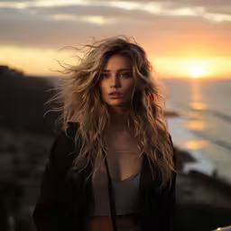 the beautiful woman is posing in front of a sunset,young lady on a roof overlooking an ocean at sunset