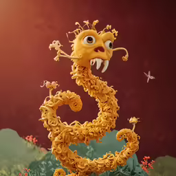 a sculpture of a yellow dragon with horns
