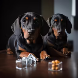 two black and brown dogs laying on a table next to pieces of crystal
