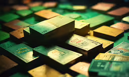 a close up image of some gold and green playing cards,an array of various colored boxes with money on them