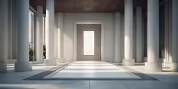 an empty, long, white lobby with columns and pillars
