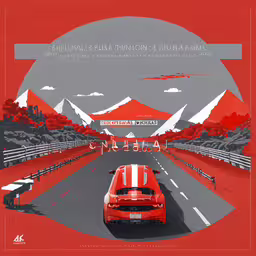 a red car driving down the road,a red car is driving on the road in the mountains