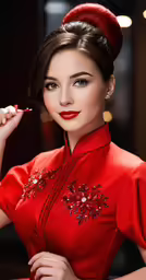 a woman in red is smoking a cigarette