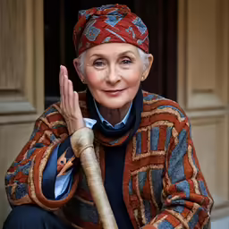 an old woman with a large headdress sitting on a step