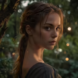a woman with long hair is staring off into the distance
