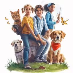 two girls and a boy are standing on a rock and two dogs look on