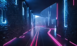 a corridor with colorful lines, and blue walls