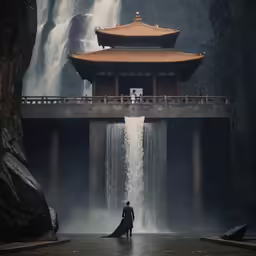 a man standing in front of a waterfall next to a building