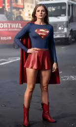 a woman in a superman outfit is posing for a picture