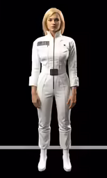 a futuristic woman with a white outfit and black belt