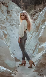 a woman wearing high heels standing on rocks