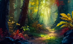 an artistic painting of a trail leading into the forest