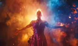 a woman dressed in purple is standing on a stage surrounded by colored smoke