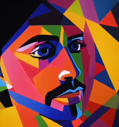 a colorful painting shows the face of a man with glasses and beard,the colorful portrait of a man is shown