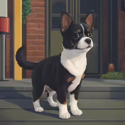 a painting of a small dog standing outside a house