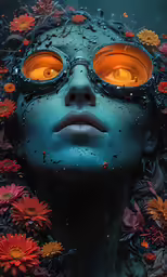 there is a woman with flowers all around her