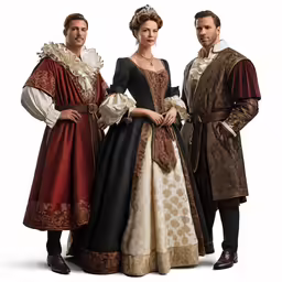 two men and a woman dressed in period dresses