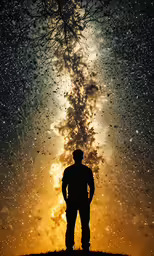 silhouette of man against an orange sky with stars