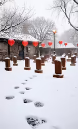 a small snowy cemetery in a park with lanterns