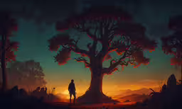 a man standing on a rock in the middle of a forest under a tree,a person looking up at the sky as a sun goes down