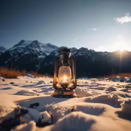 an old fashioned lantern in the snow at sunset