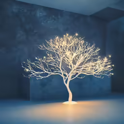 a tree lit up with white lights is shown in the middle of the room
