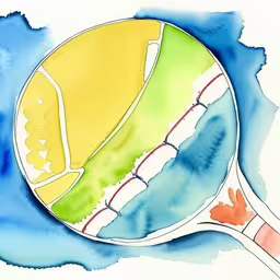 this is a watercolor illustration of a tennis racquet,the watercolor drawing depicts a tennis racket in the foreground, and on the background are the outlines of a building,the reflection of a tennis ball in a racket,a watercolor drawing of a tennis racket on a colorful watercolor background,a watercolor painting with a tennis racket and the background