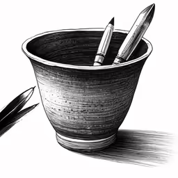 a drawing of a black and white bowl with two pens in it