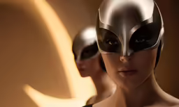 a beautiful woman wearing a black and white mask and wearing a cat mask