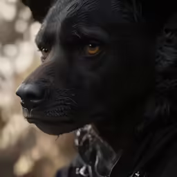 a black dog wearing a chain collar with yellow eyes