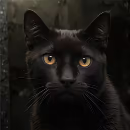 a black cat with a yellow eye staring into the camera