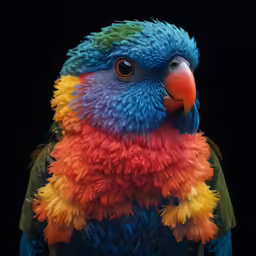 a multi colored parrot sitting in the dark
