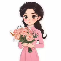 a cartoon girl holding flowers in her hands