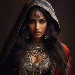a beautiful woman in a red and gold outfit,a beautiful woman wearing a gold and silver indian costume
