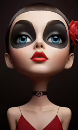 a female in red dress and black eye makeup with a flower