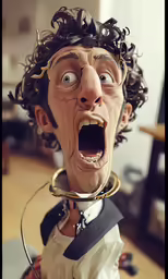 a scary doll in uniform has his mouth open