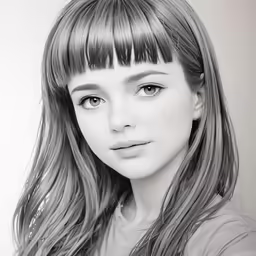 a young girl with long hair is posing for a black and white photo