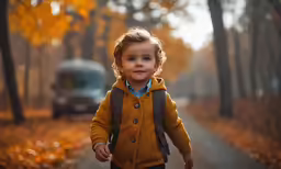 a young child walking on a road in the woods