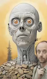 a man standing next to a giant statue of a face