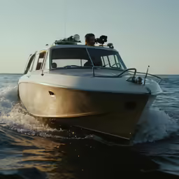 the two people are driving the boat in the ocean