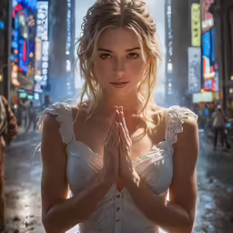 a woman wearing a corset and standing in front of neon signs