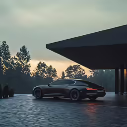 a black sedan parked at sunset with trees and bushes in the background