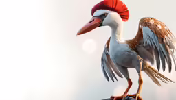 a white bird with red wings stands on top of some rocks