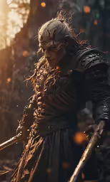 a man with a sword and a beard in the woods