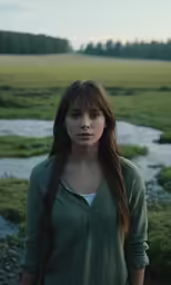 a beautiful woman in green posing in front of a stream