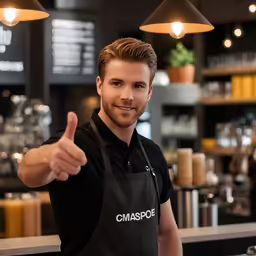 a man giving the thumbs up sign at a coffee shop